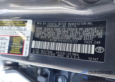 2013 Toyota Camry Le из США, поврежденный, VIN 4T1BF1FK4DU235727